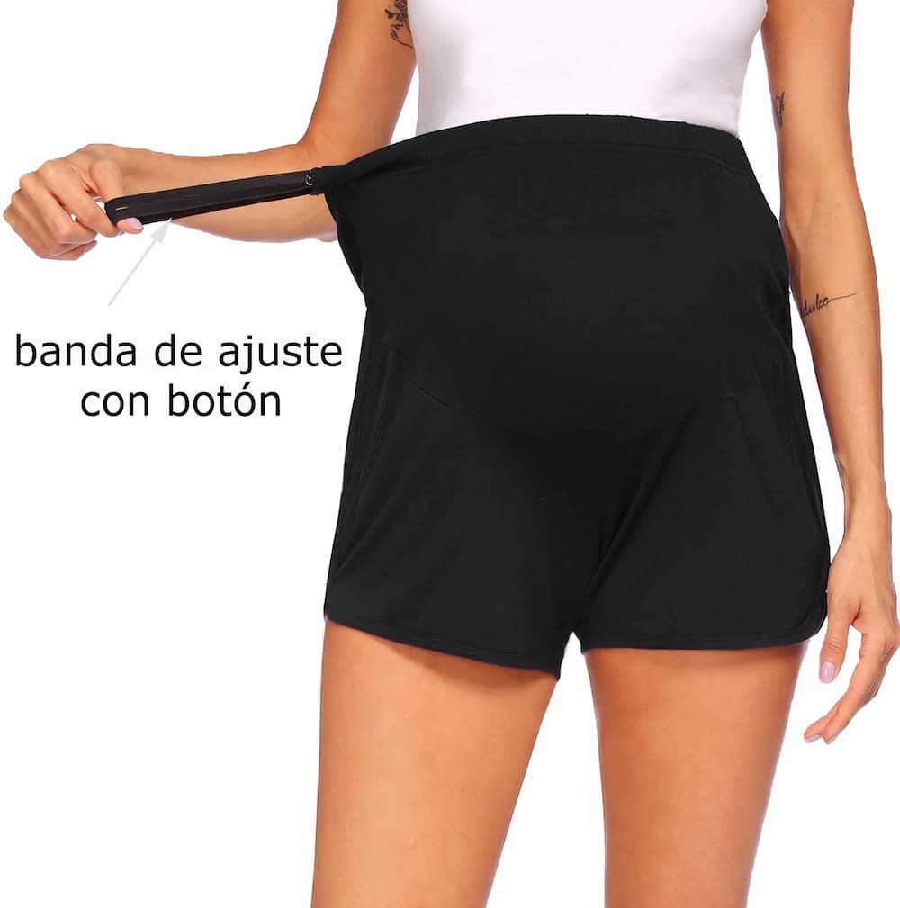 Detalle del dobladillo, costuras y acabado de Short premamá de maternidad con banda elástica ajustable sobre la tripita y bolsillos laterales, confeccionado en tejido suave disponible en azul marino, gris marengo y negro.