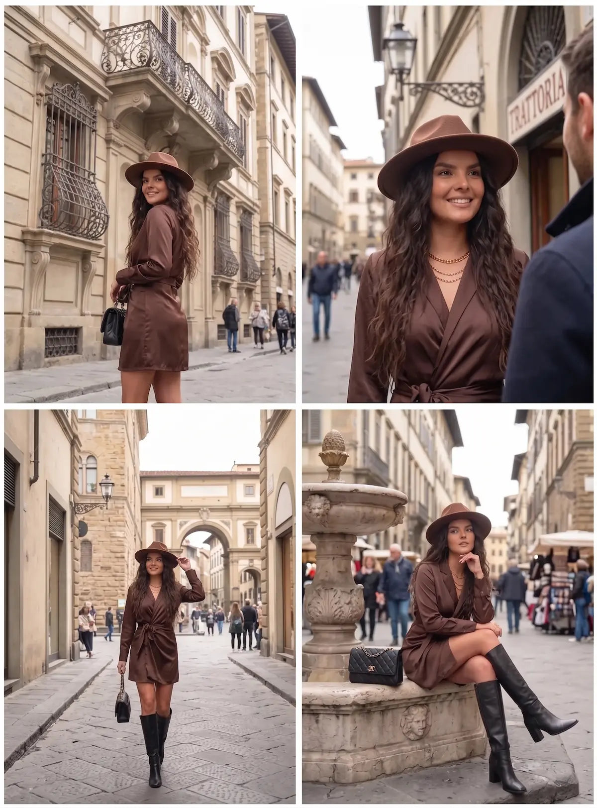 Vestido camisero marrón satinado con cinturón de lazo, manga larga y corte wrap