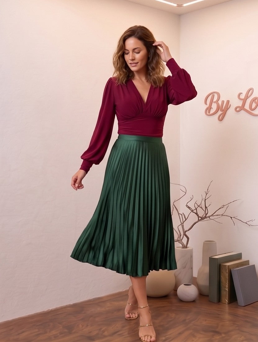 Blusa ajustada de manga larga abullonada con escote en V cruzado y drapeado en cintura para mujer.