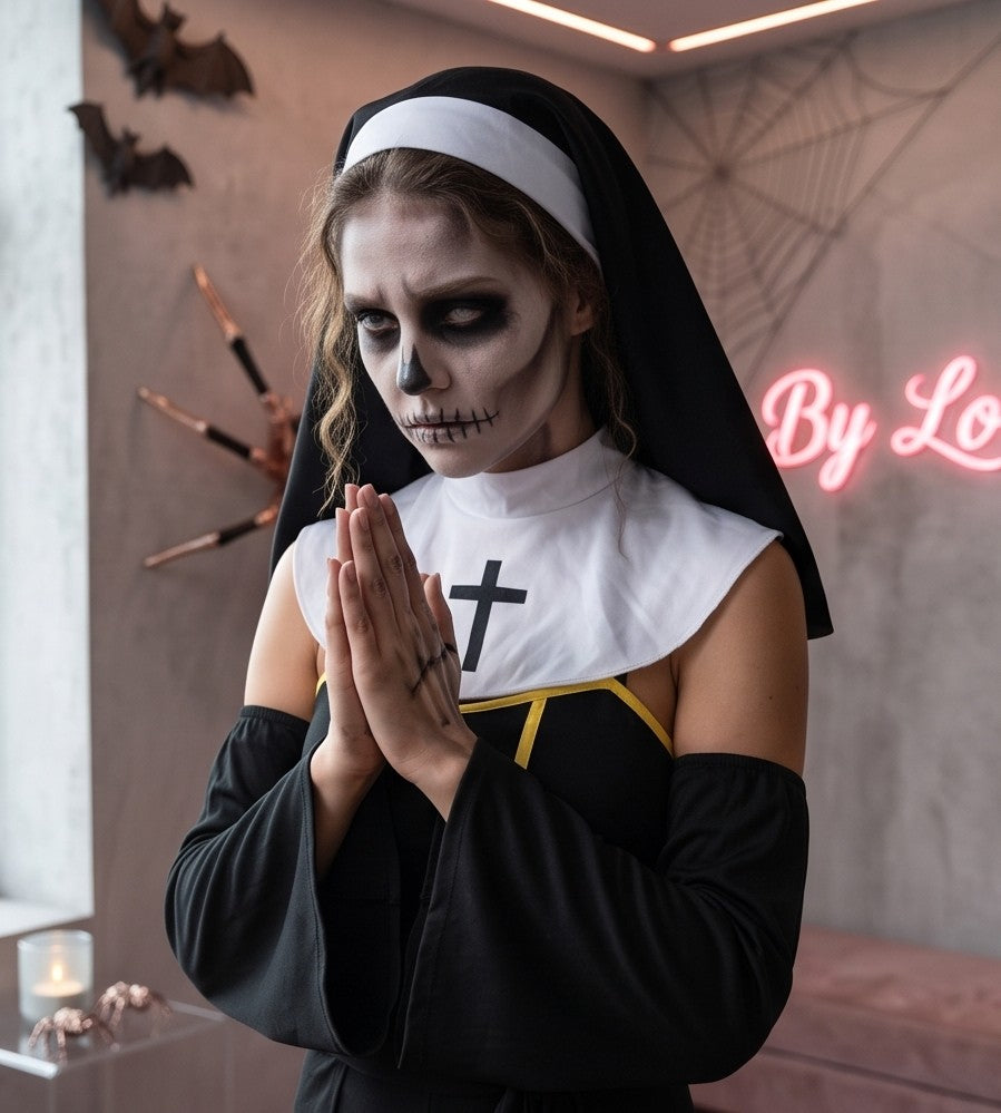 Disfraz cosplay de monja gótica en mezcla de algodón negro, compuesto por enterizo con detalles amarillos, sobrefalda abierta en cintura, mangas acampanadas desmontables, cuello blanco con cruz, velo y medias altas blancas con cruz estampada.