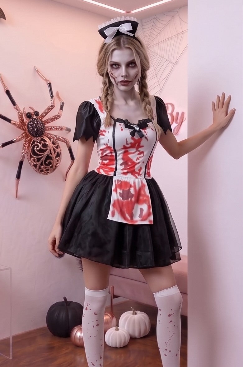 Disfraz de sirvienta sangrienta y mucama zombie para mujer con vestido corto de tutú negro, delantal blanco manchado de sangre falsa, mangas abullonadas, diadema con lazo a juego y medias ensangrentadas, ideal para fiesta de Halloween y cosplay de terror