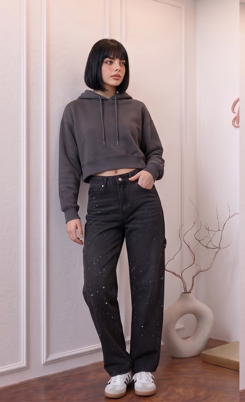 pantalones vaqueros mujer corte balloon estilo carpenter con detalles de brillos y strass, disponibles en cinco colores: rosa pastel, azul claro, gris ceniza, azul índigo y negro lavado.