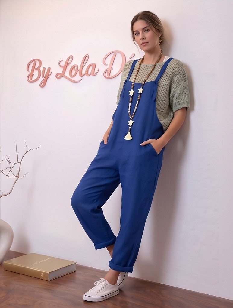 peto de lino de pierna ancha y estilo holgado en seis colores vibrantes: azul cielo, beige natural, azul marino, burdeos, azul cobalto y verde oliva