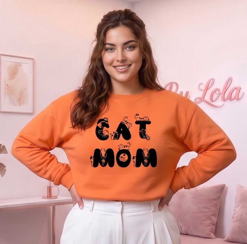 Sudadera holgada de mujer con cuello redondo y estampado Cat Mom con gatos, confeccionada en tejido de felpa térmica disponible en 7 colores: blanco, negro, gris, rosa, verde oliva, café y naranja