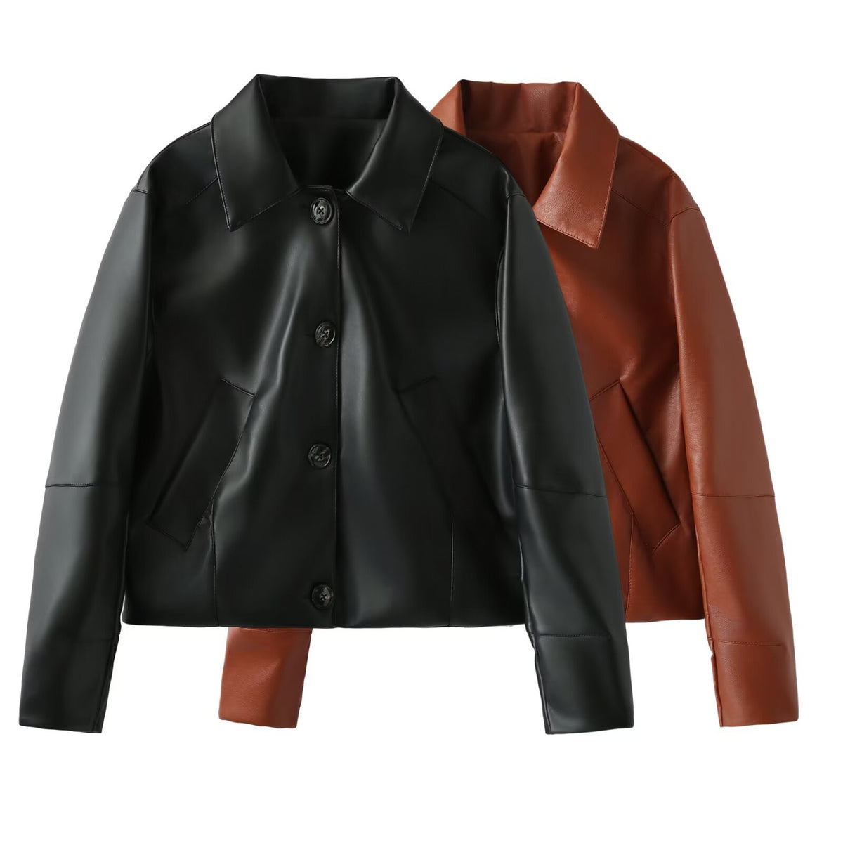 Chaqueta corta tipo cazadora para mujer en piel sintética efecto cuero con cuello camisero de solapa, cierre frontal abotonado, bolsillos diagonales ribeteados y corte recto relajado, disponible en color negro clásico y tono marrón caramelo teja sobre fondo de estudio elegante.