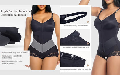 Detalle del dobladillo, costuras y acabado de Body faja moldeadora con panel ergonómico en V de triple capa para control de abdomen y cintura. Incluye cierre frontal con cremallera, tirantes ajustables desmontables, abertura inferior y detalle de encaje con silicona antideslizante en piernas. Disponible en colores negro, nude y castaño.