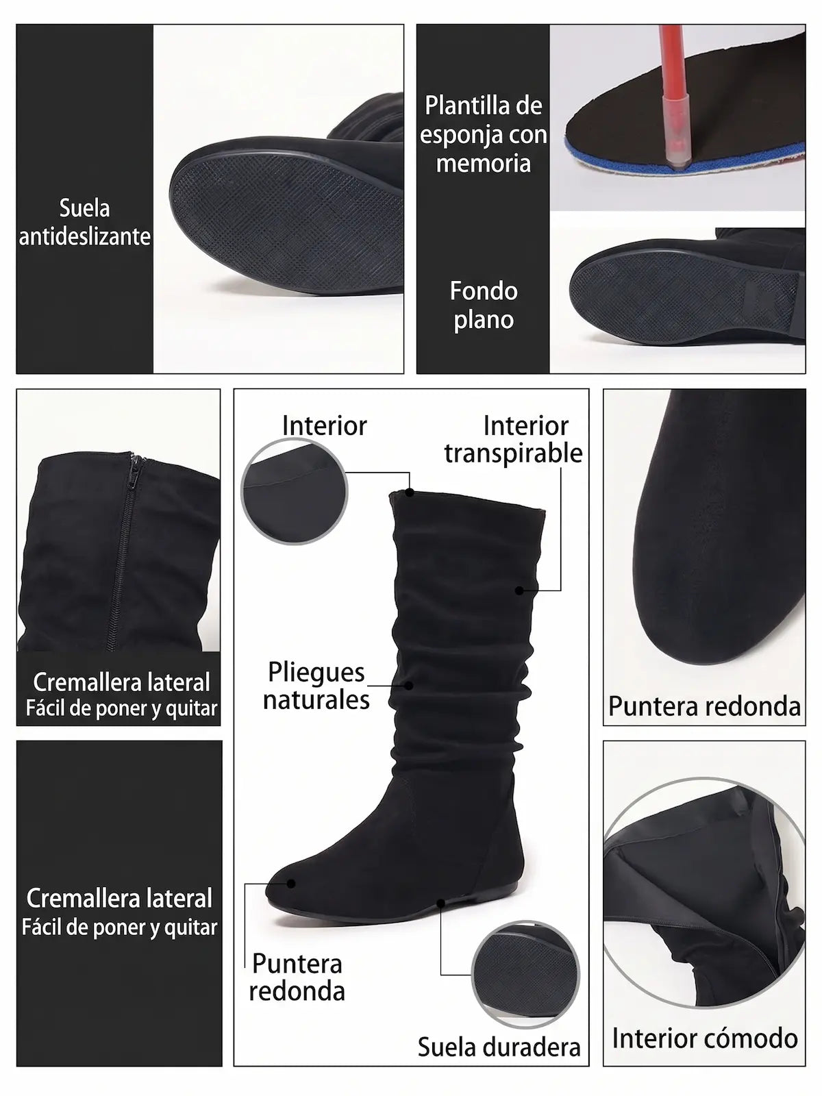 Detalle del dobladillo, costuras y acabado de Botas arrugadas de ante sintético de caña media para mujer con puntera redonda, suela plana y cremallera lateral, disponibles en colores negro, caramelo, gris, rosa, blanco roto, rojo y caqui oscuro.