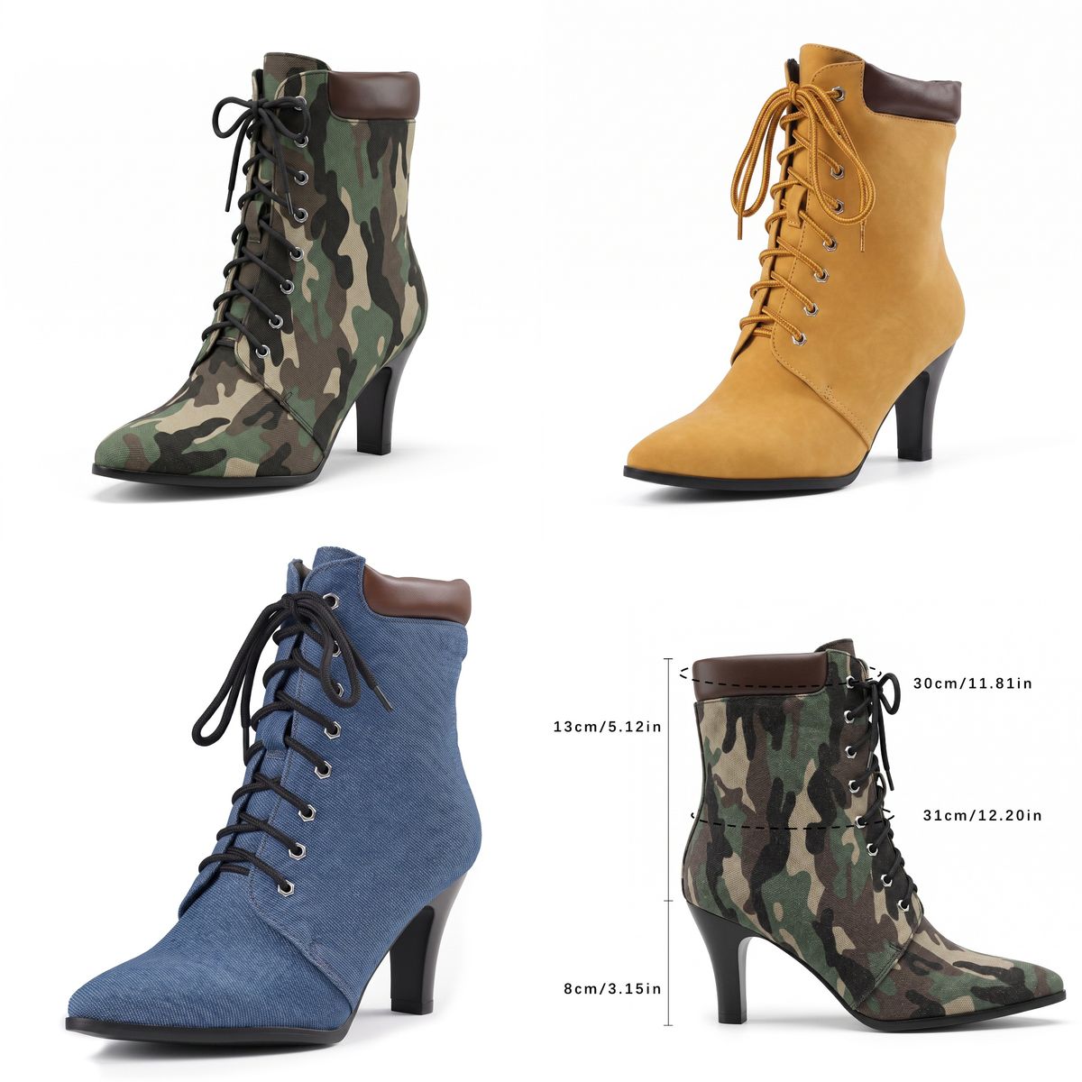 Detalle del dobladillo, costuras y acabado de Botines de tacón alto grueso con puntera fina y cordones frontales ajustables, estilo europeo y americano, con cuello acolchado marrón en contraste y suela de goma. Disponibles en tres acabados: verde camuflaje militar, tejido denim azul vaquero y amarillo mostaza suave.