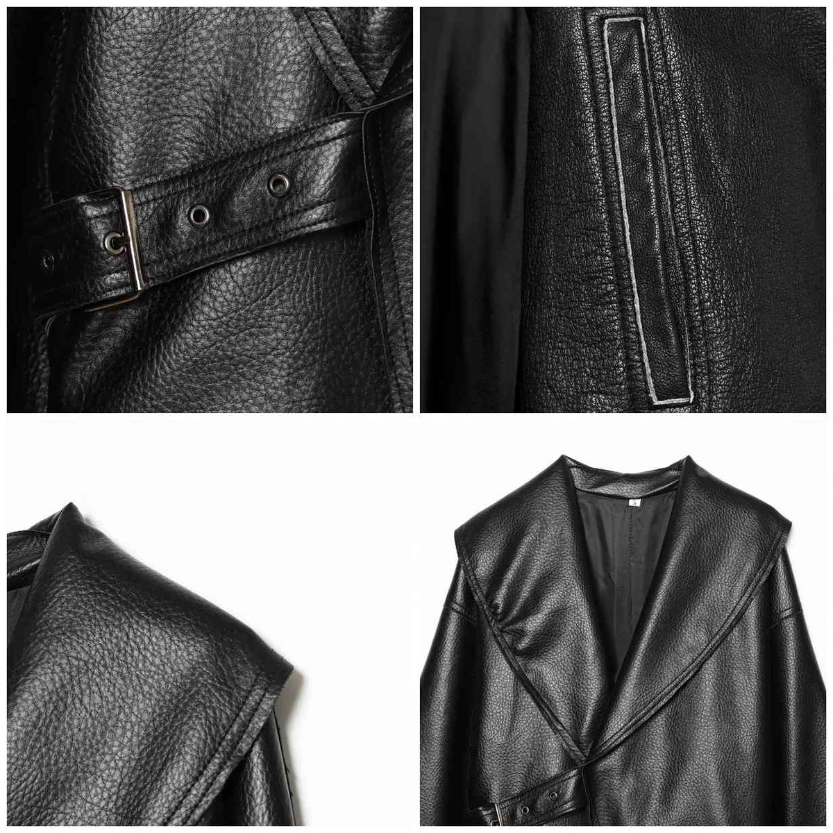 Detalle del dobladillo, costuras y acabado de Chaqueta corta de piel sintética en color negro para mujer, con solapa ancha, cierre cruzado con hebilla lateral ajustable, mangas largas con puños abotonados y diseño moderno de estilo motero casual.
