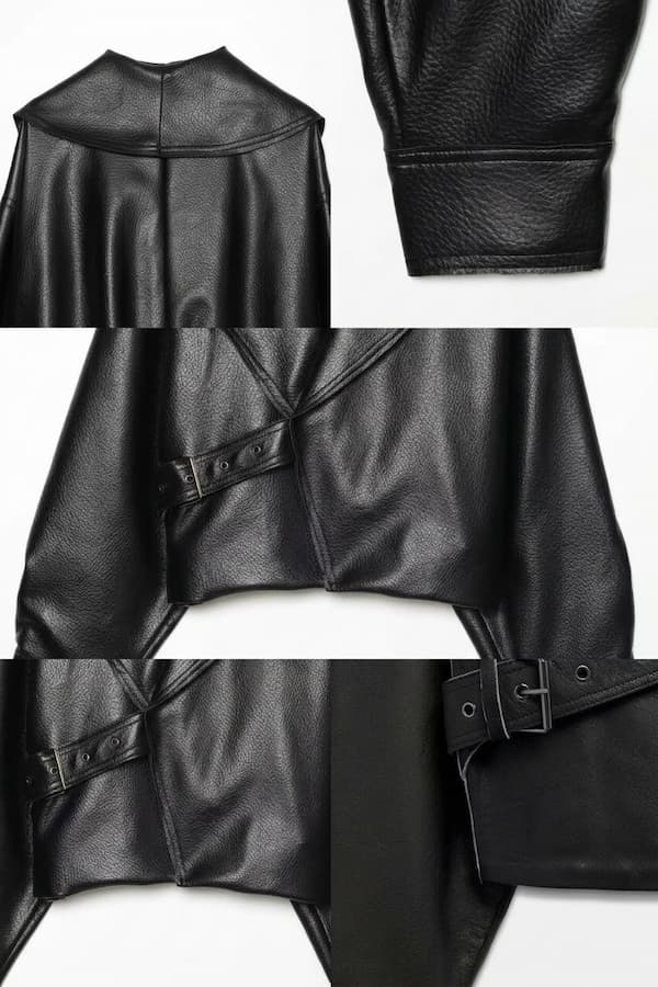 Detalle del dobladillo, costuras y acabado de Chaqueta corta de piel sintética en color negro para mujer, con solapa ancha, cierre cruzado con hebilla lateral ajustable, mangas largas con puños abotonados y diseño moderno de estilo motero casual.
