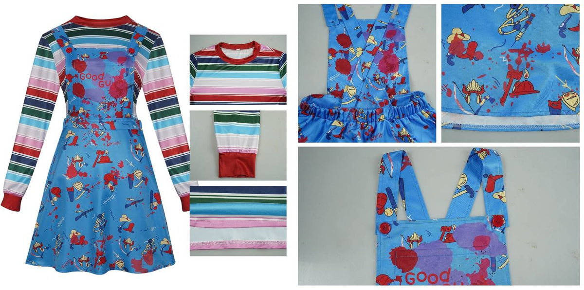 Detalle del dobladillo, costuras y acabado de Disfraz de cosplay estilo muñeco diabólico Good Guys para adulto, compuesto por vestido tipo peto o pichi azul con tirantes cruzados, botones rojos, falda con vuelo estampada de herramientas ensangrentadas y camiseta interior de manga larga a rayas multicolores con cuello y puños rojos elásticos