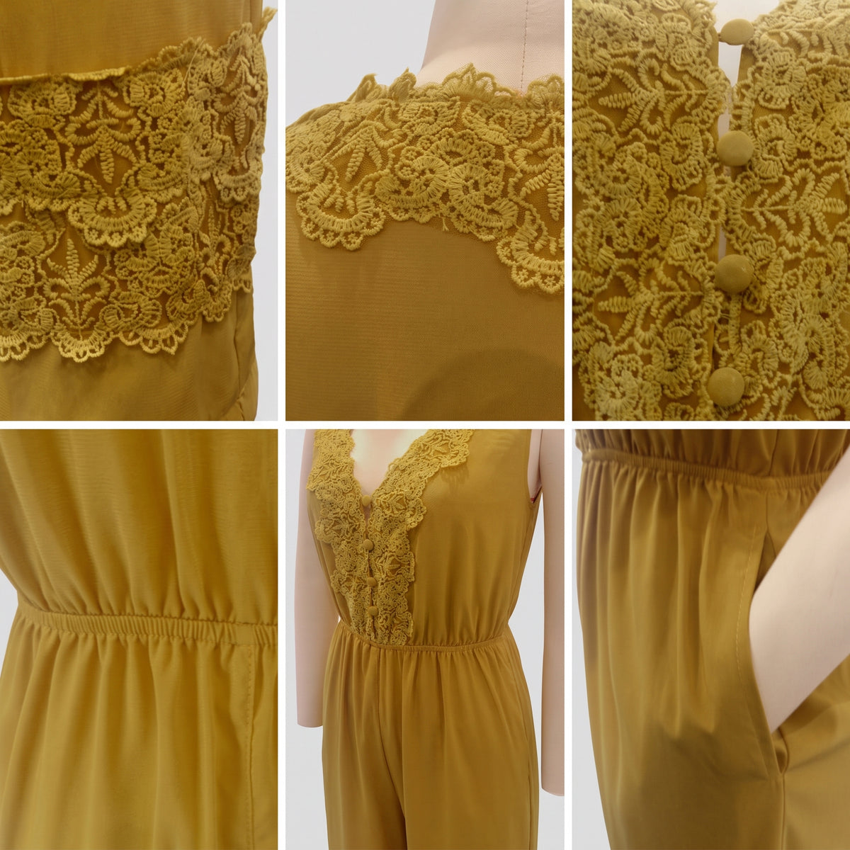 Detalle del dobladillo, costuras y acabado de Mono largo tipo enterizo para mujer en color mostaza, sin mangas, con escote en V y botones decorativos rodeados de encaje floral bordado, cintura elástica fruncida con bolsillos laterales y detalle de puntilla de encaje en el bajo del pantalón.