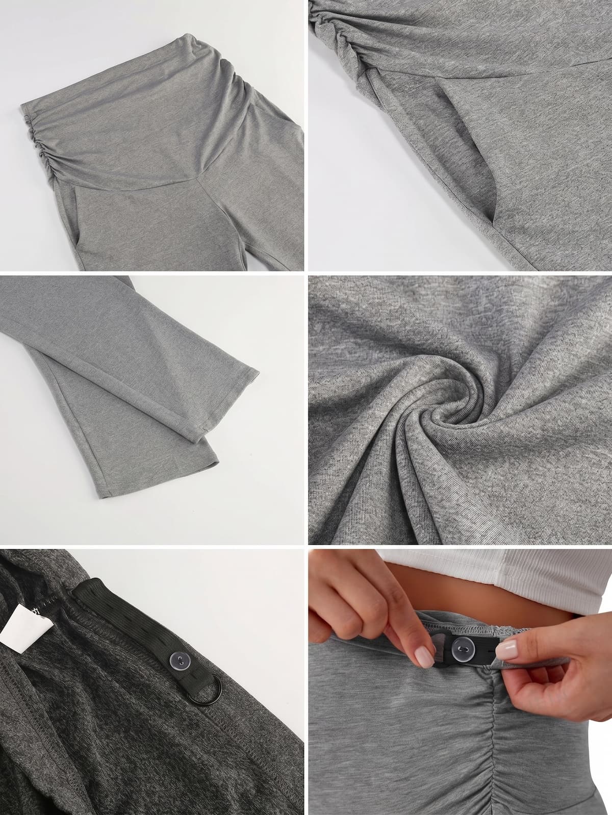 Detalle del dobladillo, costuras y acabado de Pantalón premamá de corte recto y pierna ancha para embarazo y posparto, disponible en color negro, gris claro vigoré y gris marengo oscuro. Confeccionado en tejido elástico extrasuave efecto seda, con banda sobre la barriga con elástico y botón regulable interior, bolsillos laterales y caída holgada.