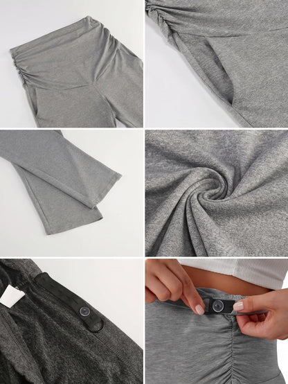 Detalle del dobladillo, costuras y acabado de Pantalón premamá de corte recto y pierna ancha para embarazo y posparto, disponible en color negro, gris claro vigoré y gris marengo oscuro. Confeccionado en tejido elástico extrasuave efecto seda, con banda sobre la barriga con elástico y botón regulable interior, bolsillos laterales y caída holgada.
