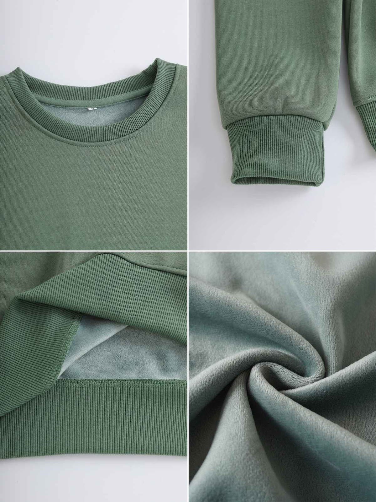Detalle del dobladillo, costuras y acabado de Sudadera de mujer de corte holgado en tejido suave con cuello redondo y manga abullonada, decorada con estampado gráfico de jirafa curiosa en el frontal, disponible en siete colores: blanco, rosa pastel, verde oliva, negro, gris claro, naranja y marrón café.