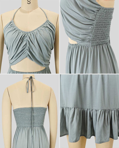 Detalle del dobladillo, costuras y acabado de Vestido corto casual para mujer confeccionado en 100% viscosa, con escote halter fruncido, diseño cut-out con abertura delantera en el abdomen, espalda elástica en nido de abeja con lazo ajustable y falda evasé con bajo terminado en volante