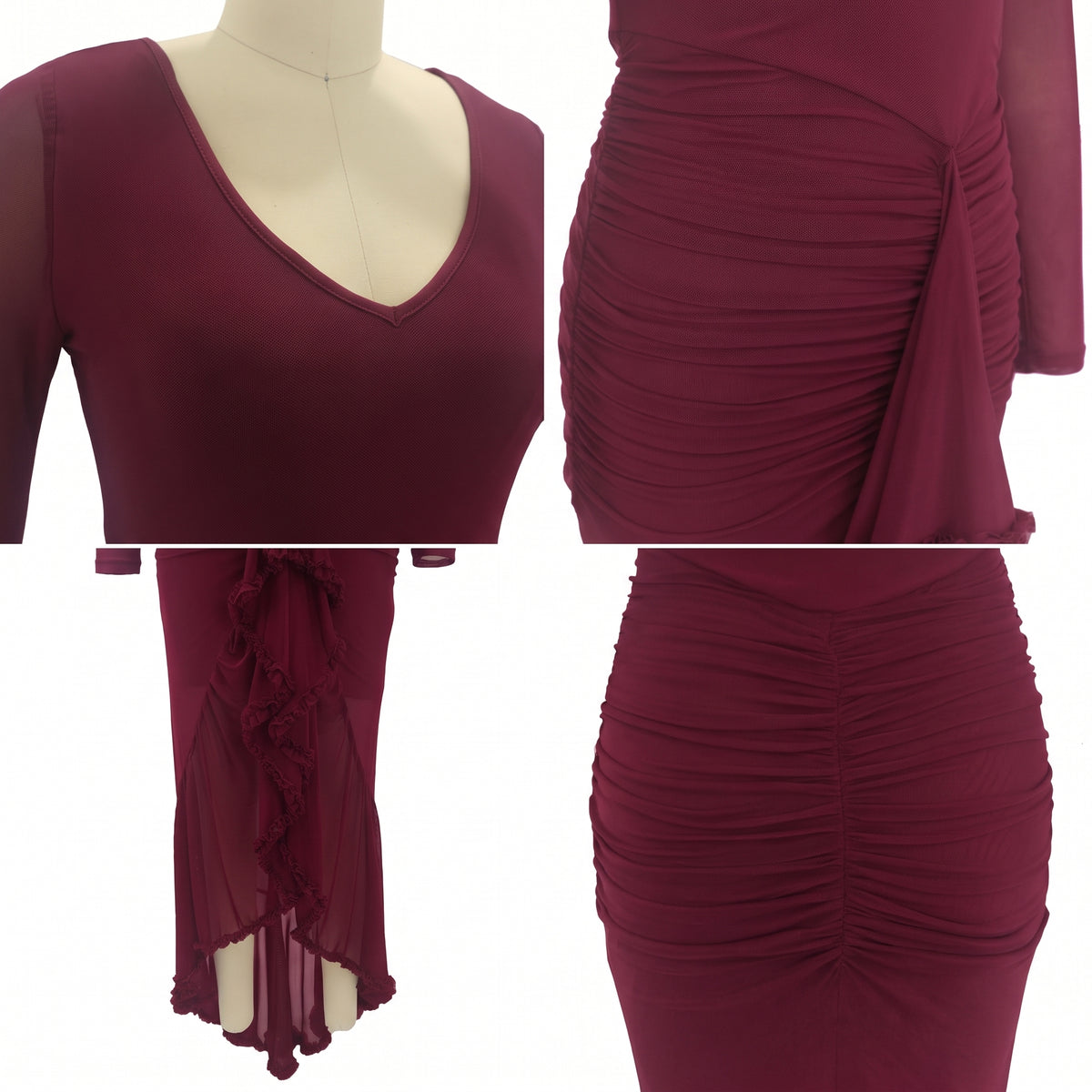 Detalle del dobladillo, costuras y acabado de Vestido largo de fiesta ajustado para mujer con manga larga, escote en pico o cuello en V, drapeado fruncido en cintura y cadera, falda asimétrica con abertura delantera y detalle de volantes fluidos.