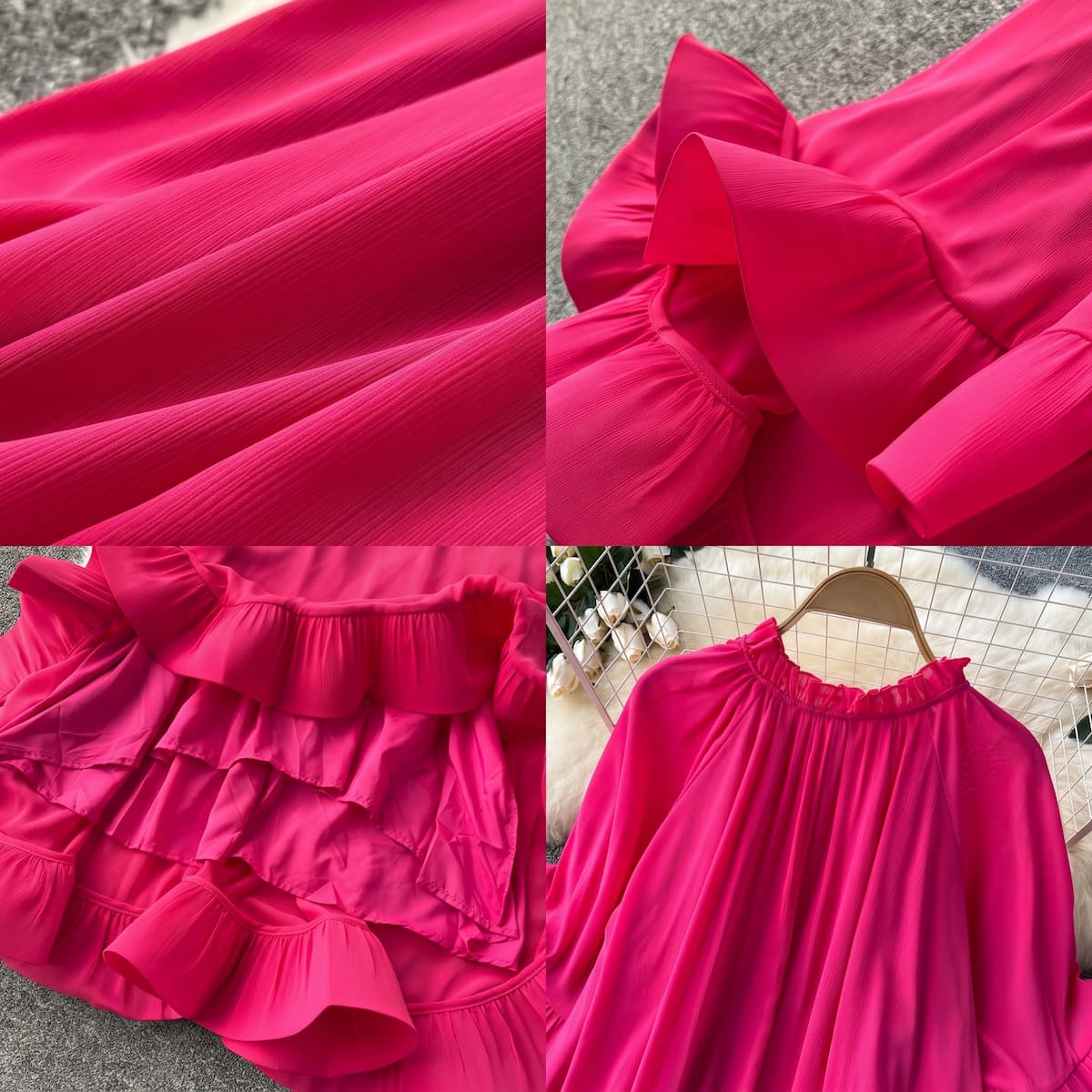 Detalle del dobladillo, costuras y acabado de Vestido midi holgado para mujer en colores liso negro, blanco, fucsia, verde esmeralda y rojo anaranjado, con escote redondo fruncido ajustable con lazo, mangas al codo acampanadas y falda fluida con doble volante en el bajo
