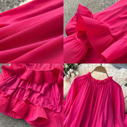 Detalle del dobladillo, costuras y acabado de Vestido midi holgado para mujer en colores liso negro, blanco, fucsia, verde esmeralda y rojo anaranjado, con escote redondo fruncido ajustable con lazo, mangas al codo acampanadas y falda fluida con doble volante en el bajo