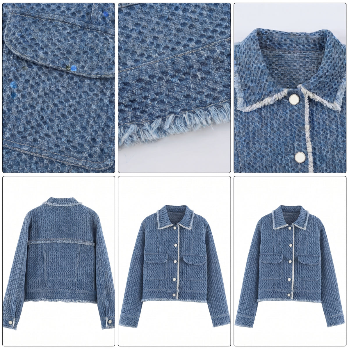 Chaqueta corta de mujer en tejido texturizado azul denim con bolsillos frontales de parche, cuello clásico y botones blancos estilo joya, ideal para un look casual y urbano.