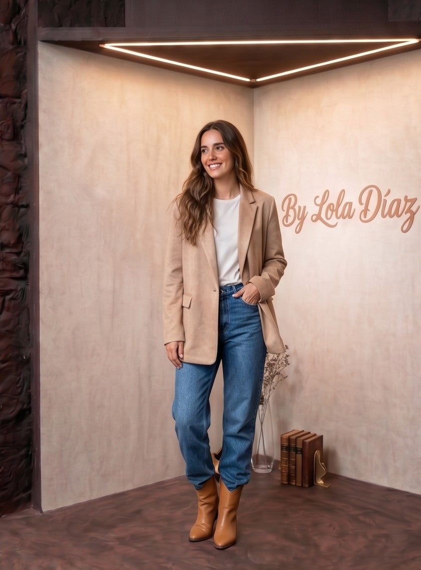 Blazer de antelina color beige camel para mujer, corte oversize con solapa clásica y cierre de un botón, mostrado en diferentes poses y combinaciones de ropa casual y elegante.