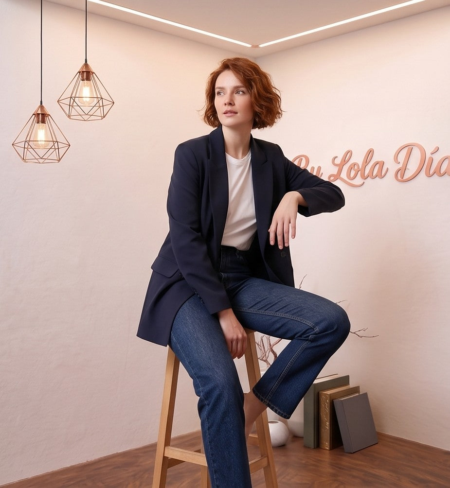 Blazer oversize cruzado para mujer con cuello solapa, bolsillos con solapa y botones delanteros, disponible en verde oliva, marrón chocolate, azul marino y negro.
