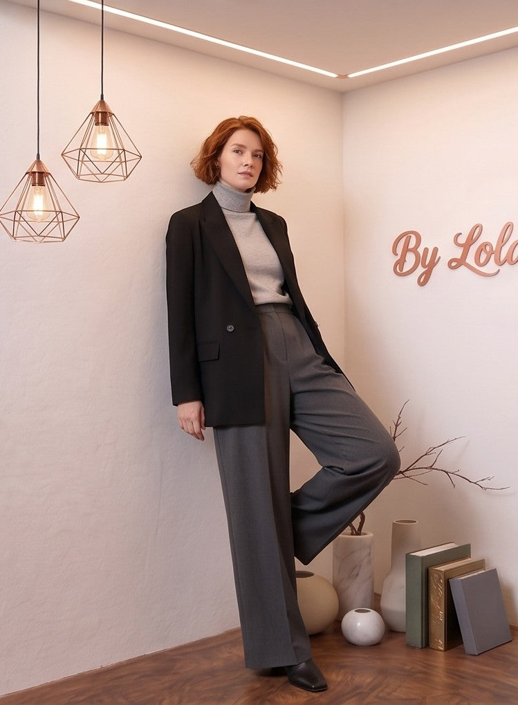 Blazer oversize cruzado para mujer con cuello solapa, bolsillos con solapa y botones delanteros, disponible en verde oliva, marrón chocolate, azul marino y negro.