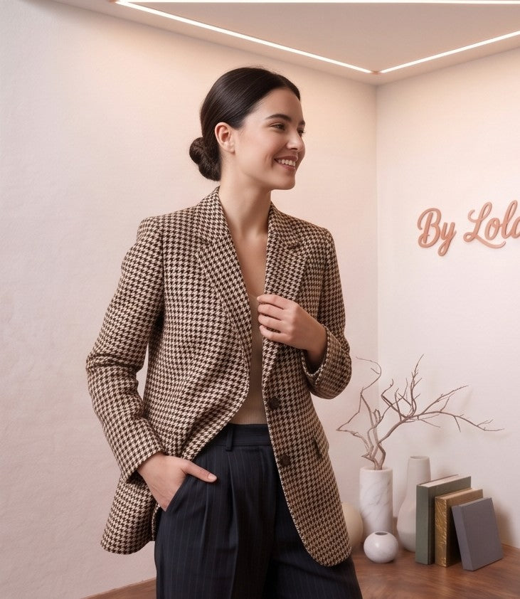 Blazer estructurado para mujer con estampado clásico de pata de gallo en tonos marrón y beige, solapas de muesca y corte recto elegante.