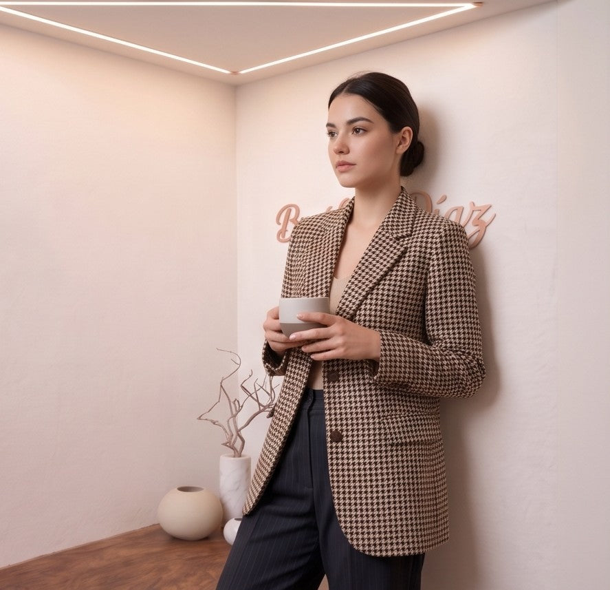 Blazer estructurado para mujer con estampado clásico de pata de gallo en tonos marrón y beige, solapas de muesca y corte recto elegante.