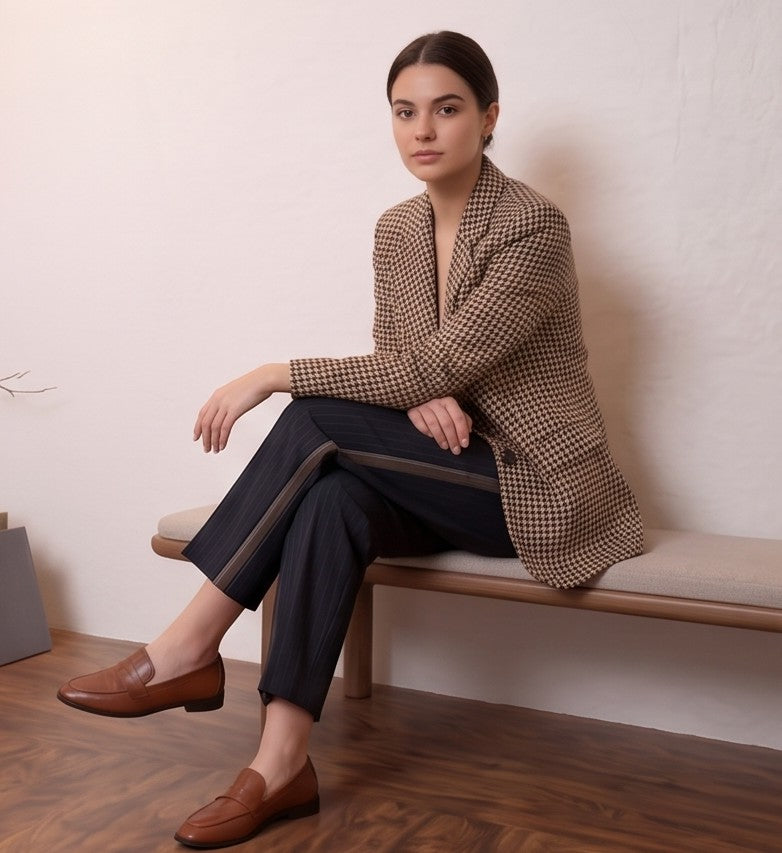 Blazer estructurado para mujer con estampado clásico de pata de gallo en tonos marrón y beige, solapas de muesca y corte recto elegante.