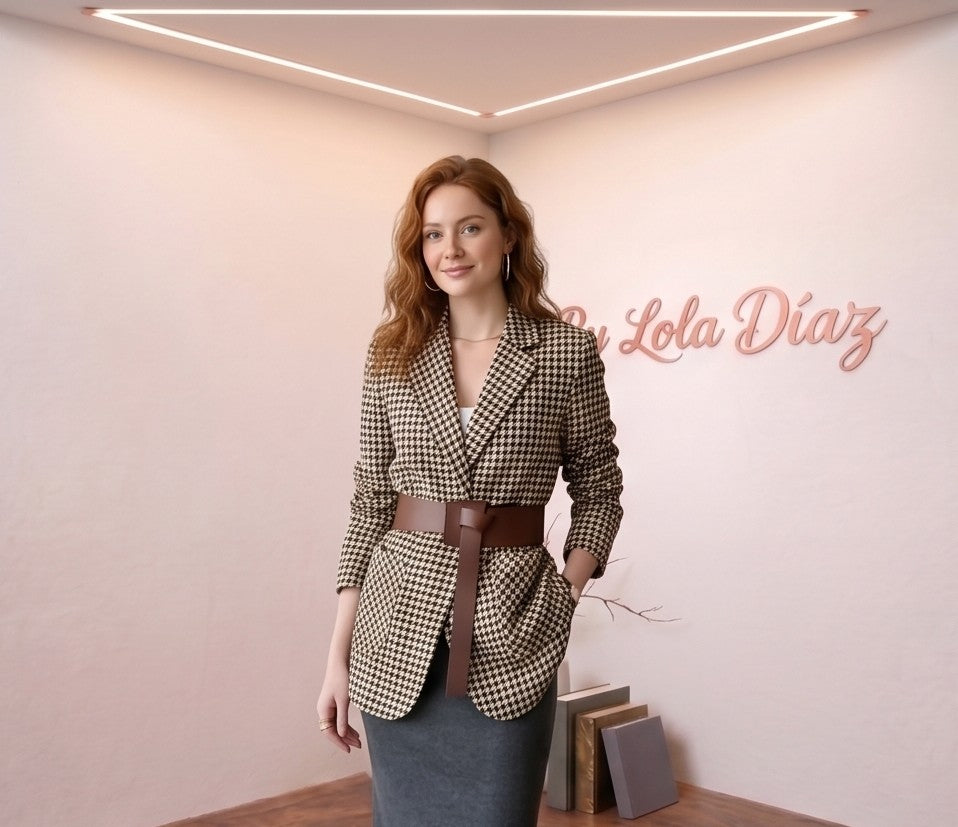 Blazer estructurado para mujer con estampado clásico de pata de gallo en tonos marrón y beige, solapas de muesca y corte recto elegante.