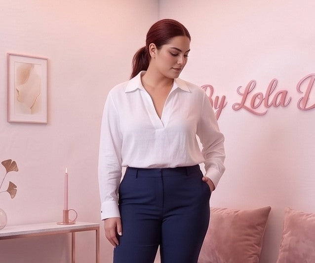 Blusa fluida de mujer en color blanco con cuello camisero abierto en V, diseño frontal cruzado drapeado, manga larga holgada con puño de botón y corte suelto con bajo asimétrico