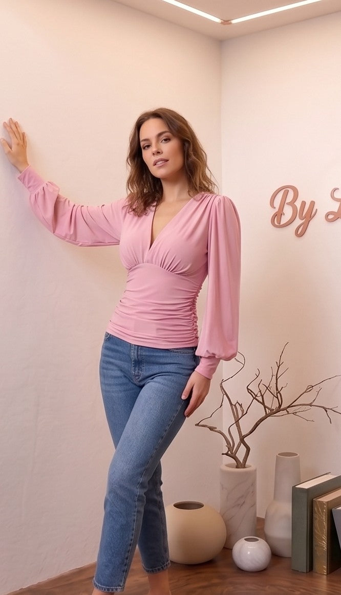Blusa ajustada de manga larga abullonada con escote en V cruzado y drapeado en cintura para mujer.
