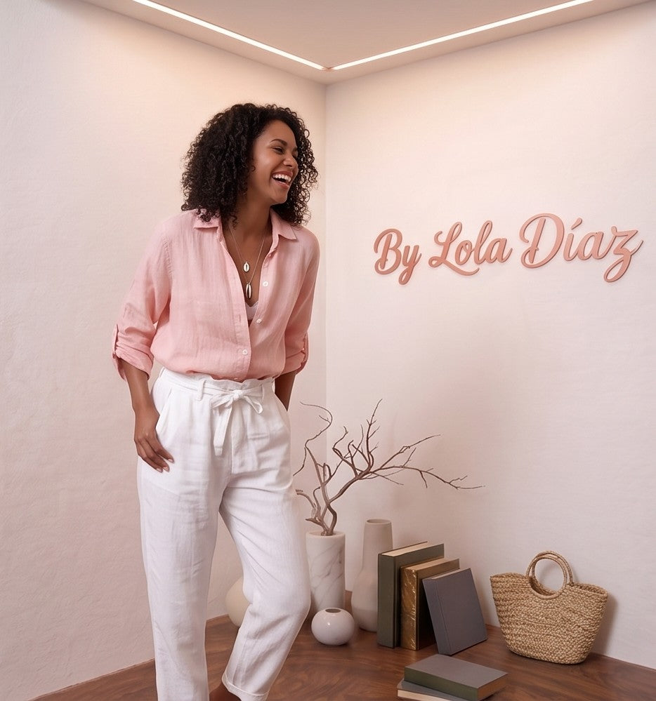 blusa de lino rosa pastel de manga corta fruncida y escote en V, combinada con pantalones blancos de talle alto. La blusa es fluida y fresca