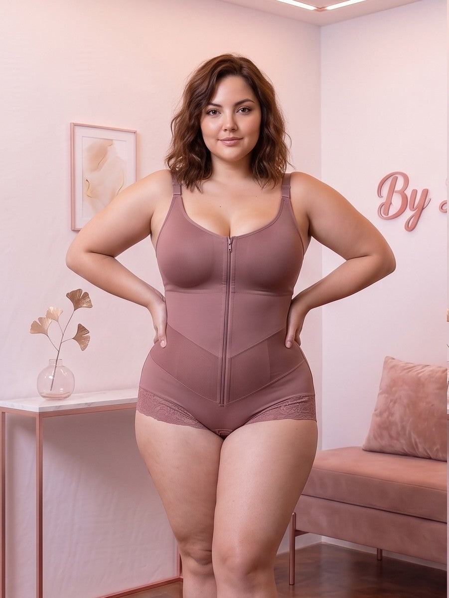 Body faja moldeadora con panel ergonómico en V de triple capa para control de abdomen y cintura. Incluye cierre frontal con cremallera, tirantes ajustables desmontables, abertura inferior y detalle de encaje con silicona antideslizante en piernas. Disponible en colores negro, nude y castaño.