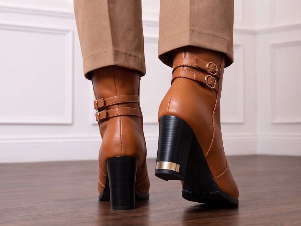 Botas de media caña para mujer en polipiel PU con tacón ancho alto y detalles metálicos dorados en la base del tacón. Diseño de puntera redonda con doble tira lateral decorativa, hebillas doradas redondas y cierre de cremallera interior. Disponibles en color negro, blanco y camel