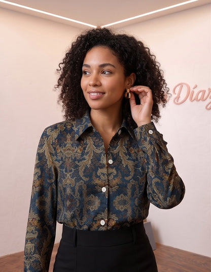 Camisa de manga larga para mujer con cuello clásico y estampado damasco vintage en tonos verde oscuro y morado, con botones frontales blancos.
