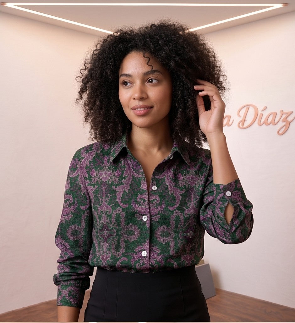 Camisa de manga larga para mujer con cuello clásico y estampado damasco vintage en tonos verde oscuro y morado, con botones frontales blancos.