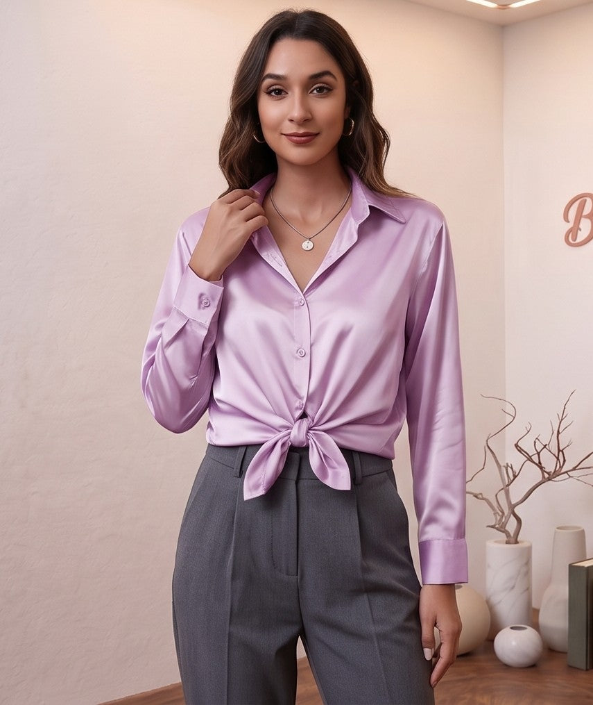 camisa de satén sedosa de manga larga en colores plata, rosa fucsia, azul petróleo y negro