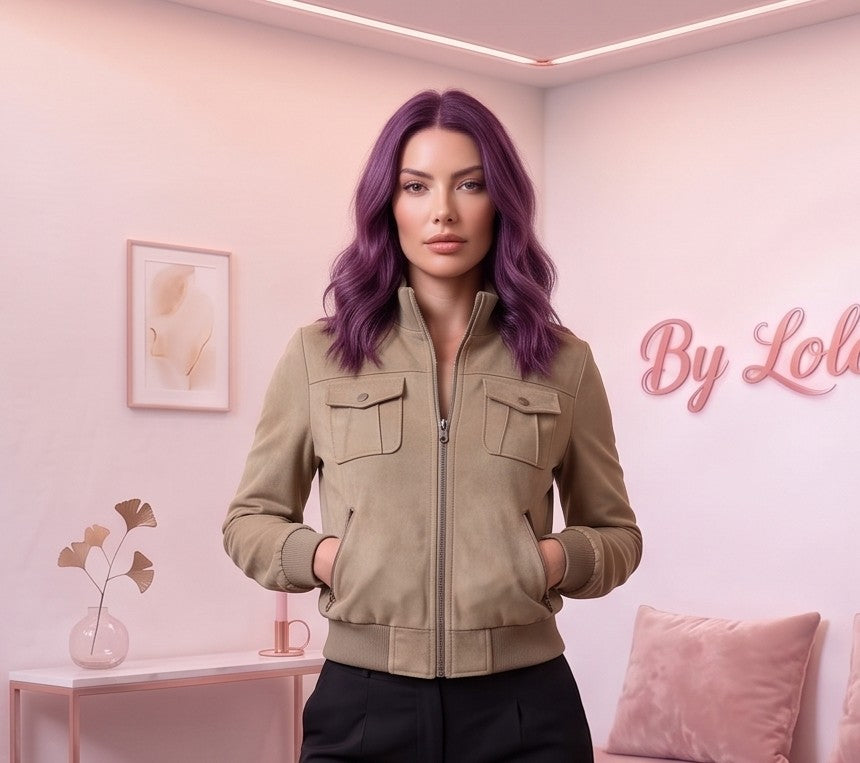 Chaqueta corta estilo bomber para mujer con cuello alto elástico acanalado, cremallera metálica central, dos bolsillos con solapa en el pecho y bolsillos laterales de cremallera, confeccionada en tejido de efecto antelina suave disponible en tonos caqui y gris oscuro