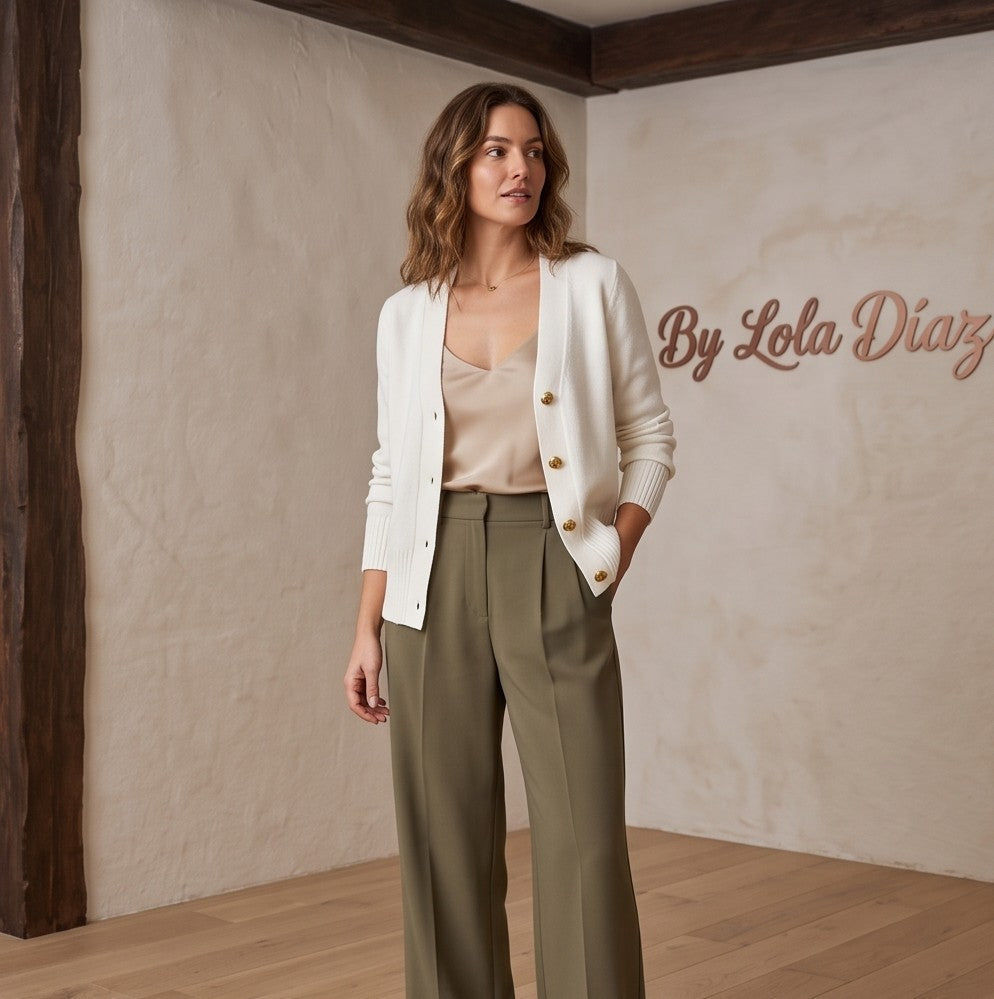 Chaqueta cardigan de punto fino para mujer con escote en pico, textura acanalada en puños y bajo, y botones joya dorados en relieve con forma de corazón.