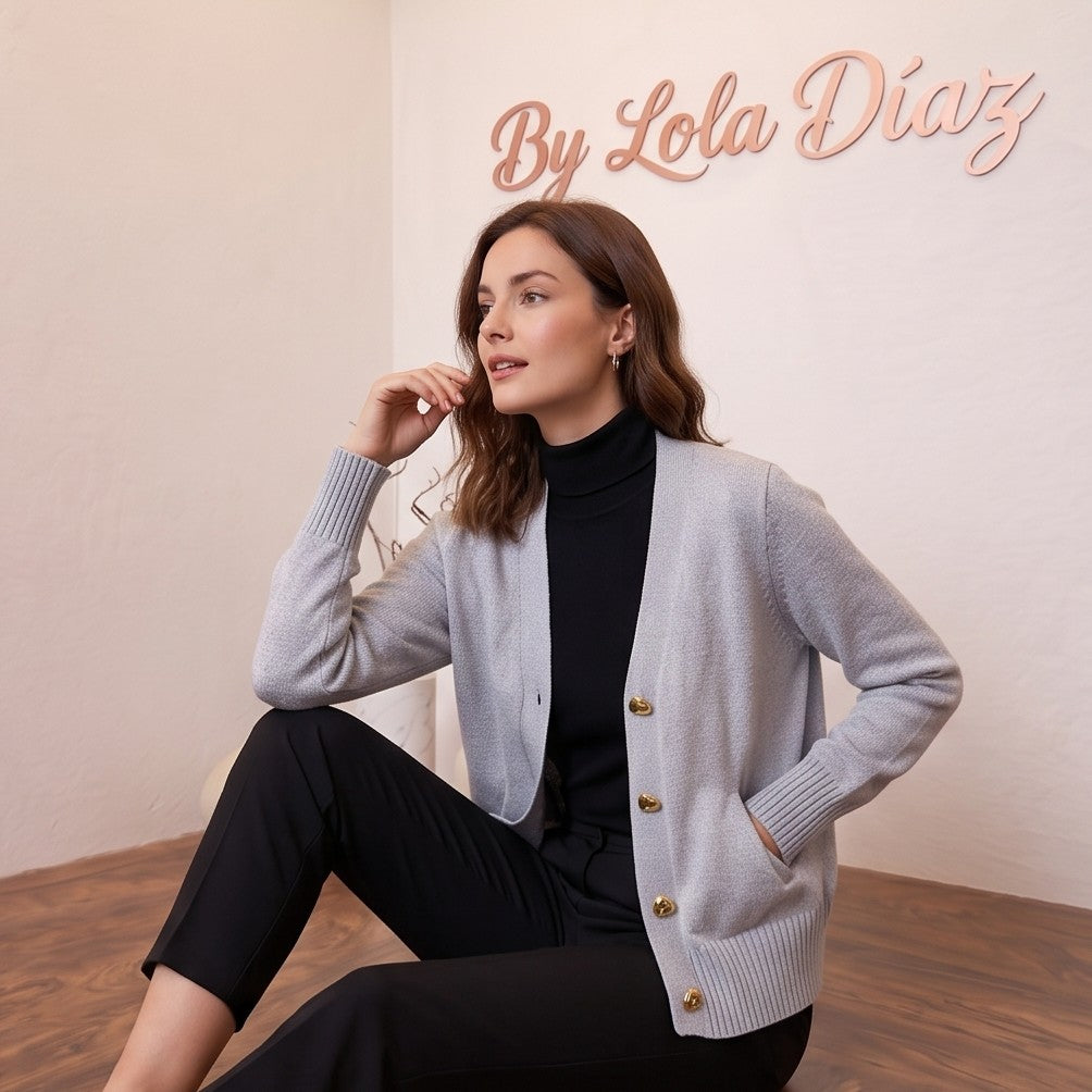 Chaqueta cardigan de punto fino para mujer con escote en pico, textura acanalada en puños y bajo, y botones joya dorados en relieve con forma de corazón.