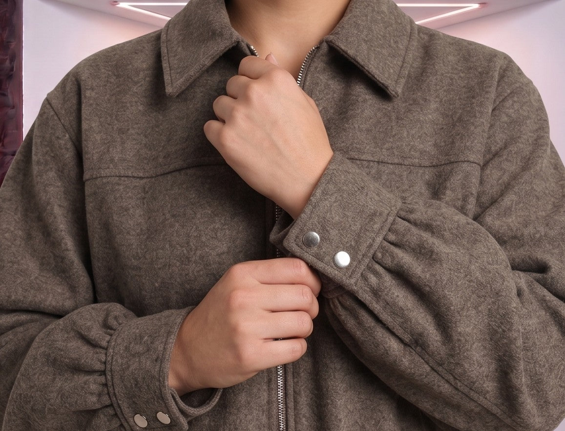 Cazadora estilo bomber de corte holgado para mujer en paño tipo lana suave, disponible en marrón caqui oscuro y negro, con cuello camisero de solapa, cierre frontal de cremallera metálica, puños ajustados y bajo elástico fruncido