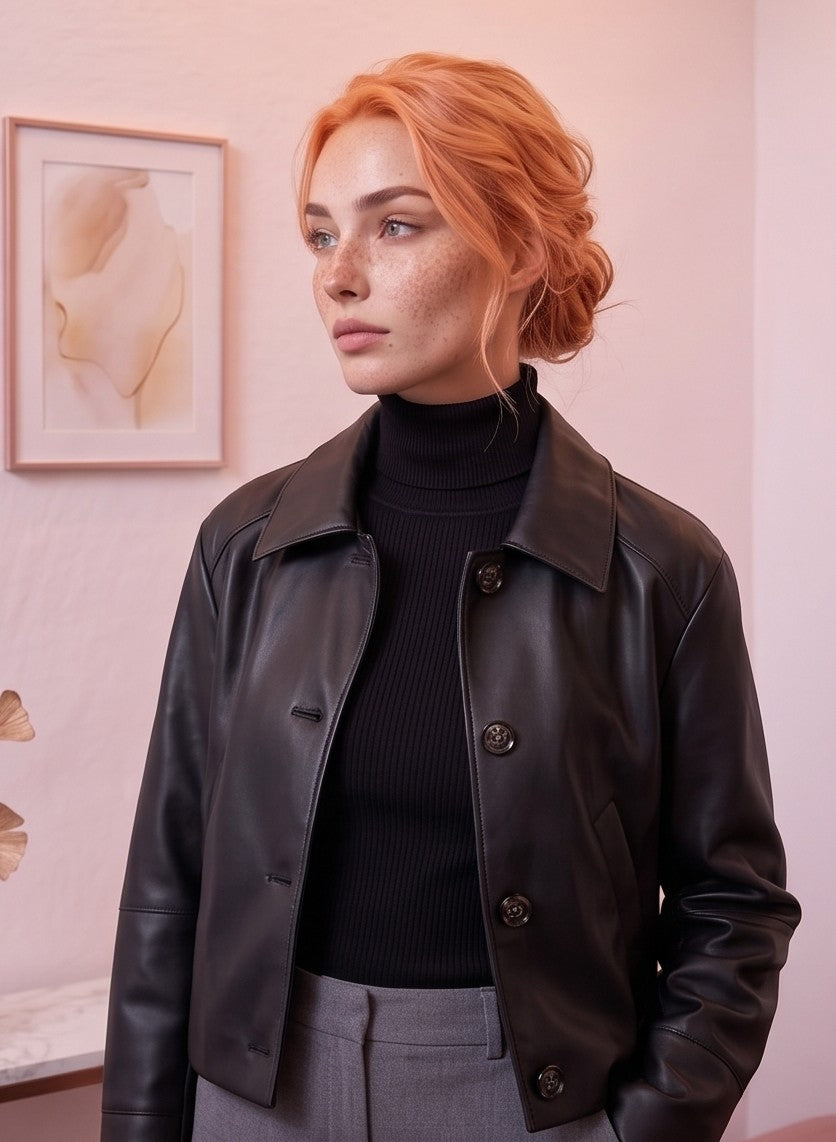 Chaqueta corta tipo cazadora para mujer en piel sintética efecto cuero con cuello camisero de solapa, cierre frontal abotonado, bolsillos diagonales ribeteados y corte recto relajado, disponible en color negro clásico y tono marrón caramelo teja sobre fondo de estudio elegante.