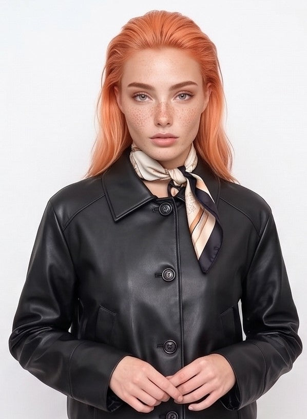 Chaqueta corta tipo cazadora para mujer en piel sintética efecto cuero con cuello camisero de solapa, cierre frontal abotonado, bolsillos diagonales ribeteados y corte recto relajado, disponible en color negro clásico y tono marrón caramelo teja sobre fondo de estudio elegante.