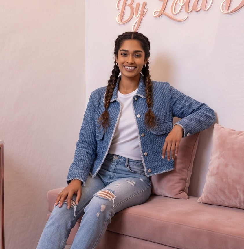 Chaqueta corta de mujer en tejido texturizado azul denim con bolsillos frontales de parche, cuello clásico y botones blancos estilo joya, ideal para un look casual y urbano.