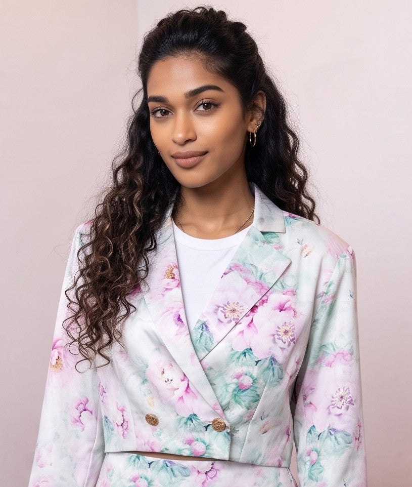 conjunto de dos piezas floral en tonos rosa y pastel: blazer corto cropped de manga larga con solapas y botones frontales combinado con falda-pantalón mini de tiro alto a juego