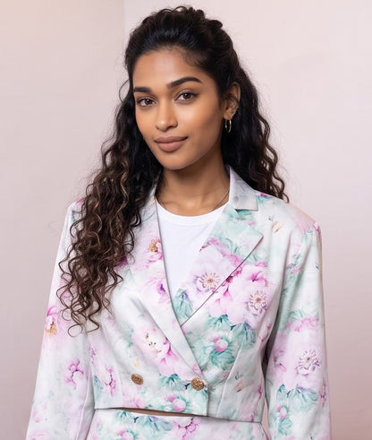conjunto de dos piezas floral en tonos rosa y pastel: blazer corto cropped de manga larga con solapas y botones frontales combinado con falda-pantalón mini de tiro alto a juego