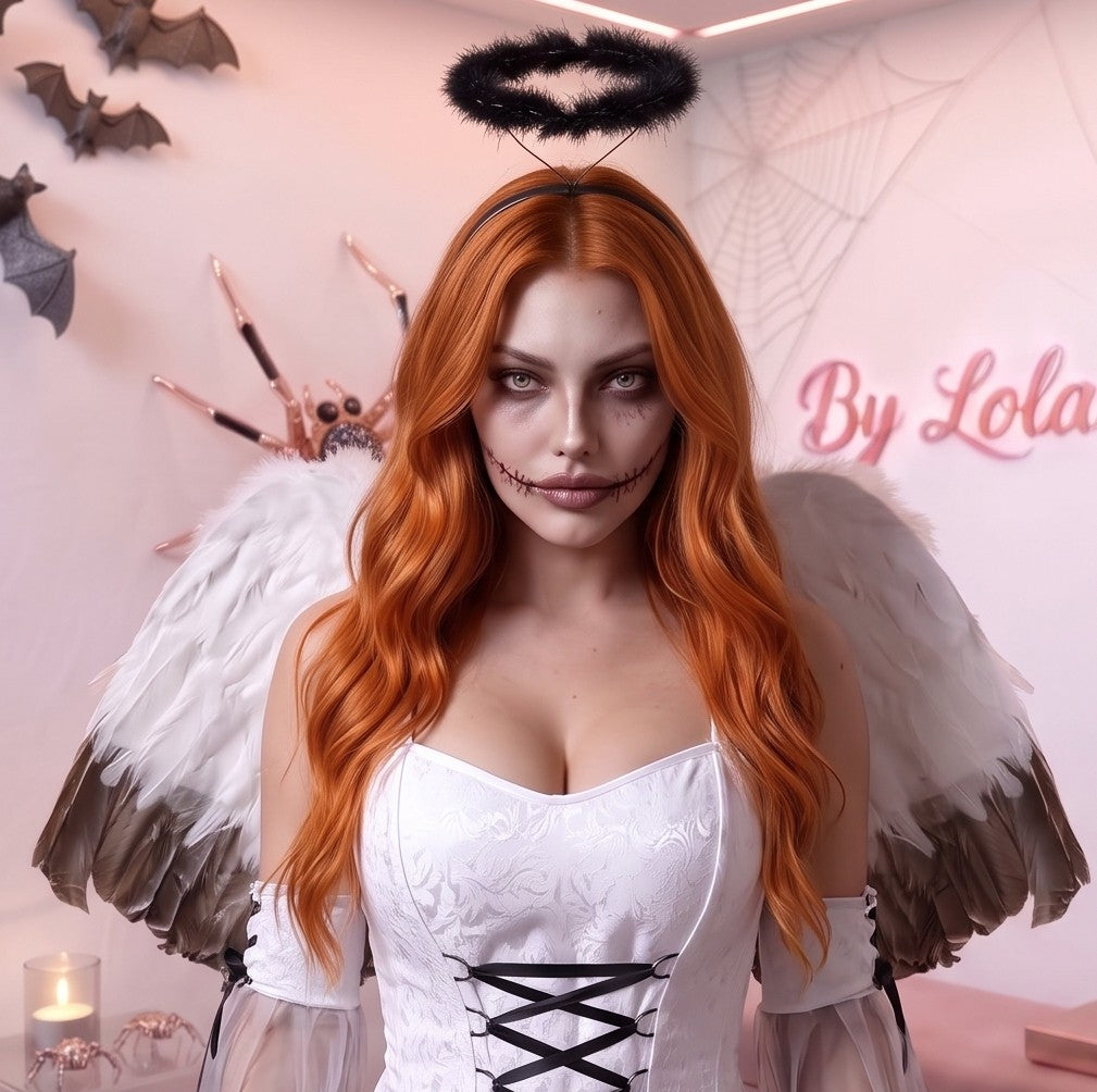 Disfraz femenino estilo fantasía de ángel caído y gótico compuesto por vestido corto con corsé de cordones entrelazados en el pecho, mangas acampanadas y falda asimétrica en picos confeccionada en terciopelo y malla de tul, acompañado de alas con plumas y diadema con aureola oscura.