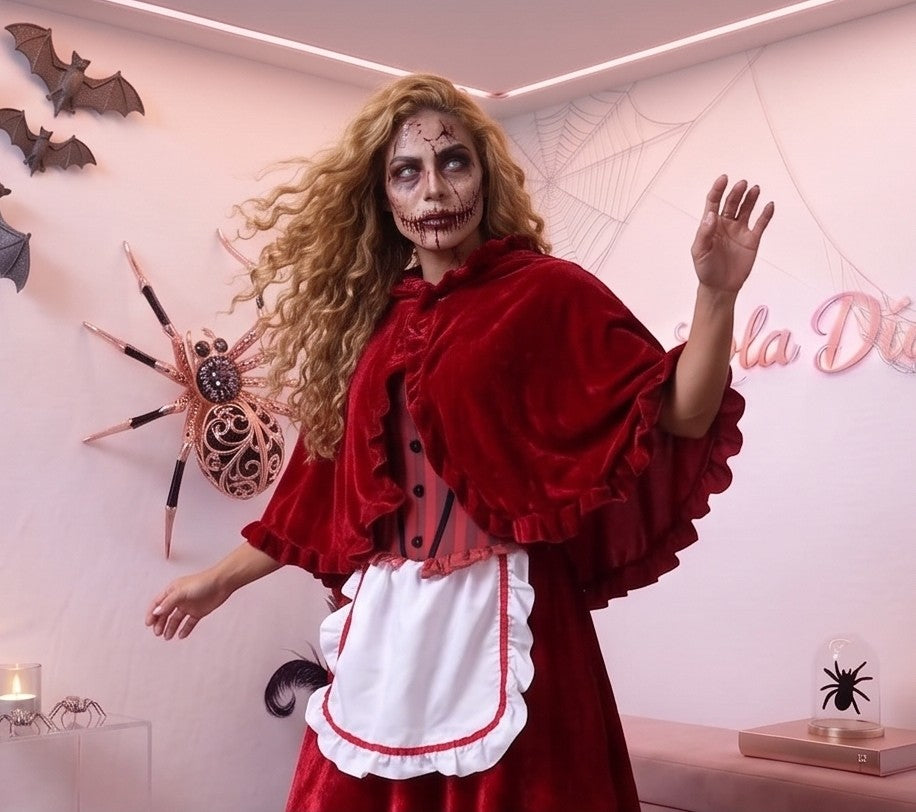Disfraz de Caperucita Roja estilo gótico y fantasía para mujer, compuesto por vestido de terciopelo rojo vino con corpiño a rayas, delantal blanco con volantes, falda acampanada con ribete blanco y capa corta a juego con capucha amplia con fruncidos.